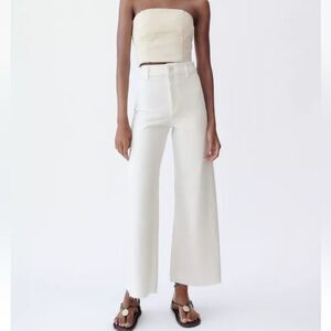 Zara Sailor Straight Size 6 High Waisted Wide Leg Raw Hem White Denim Jeans